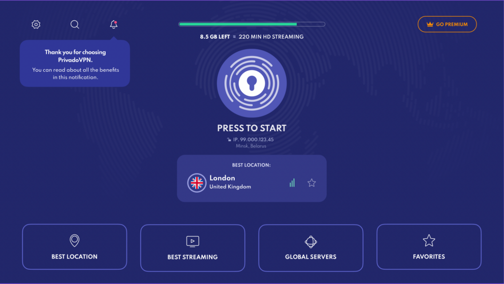 PrivadoVPN interface