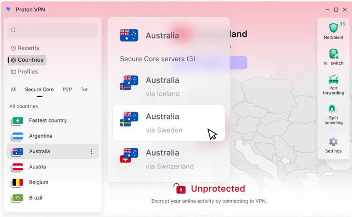 Proton VPN dekstop interface