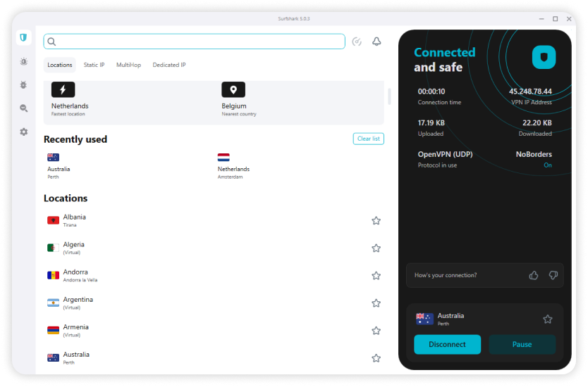 SurfsharkVPN dekstop interface