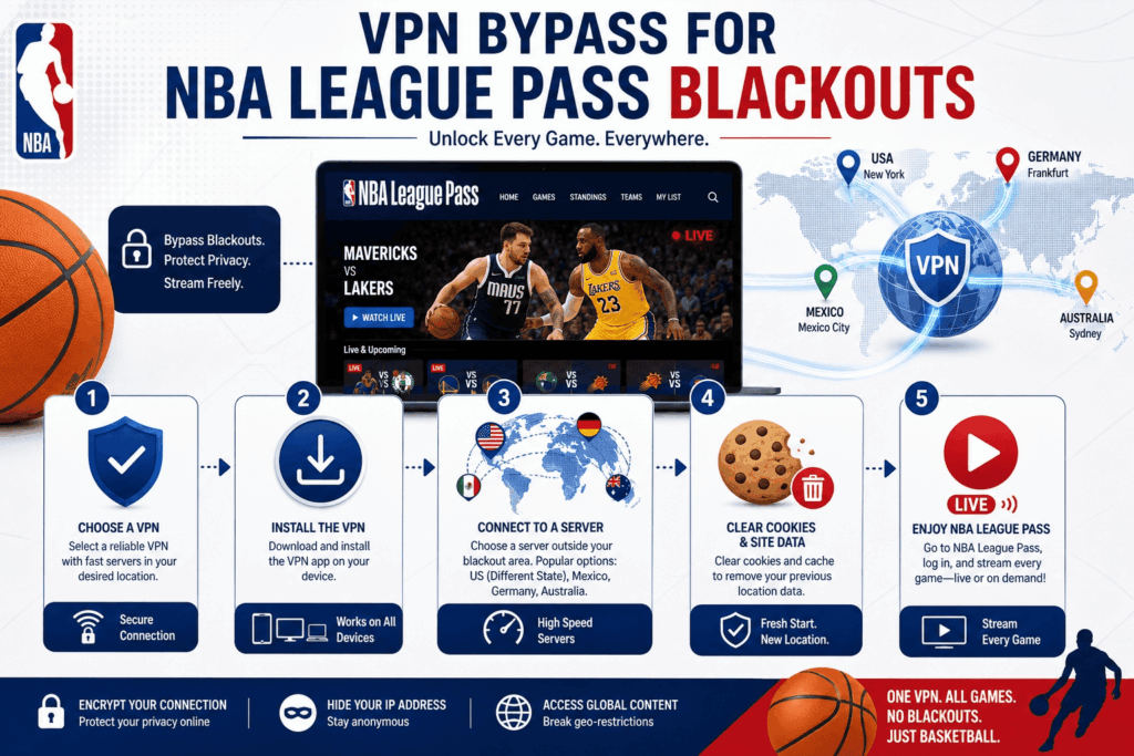 Infographic: 5 steps to use a VPN for bypassing NBA League Pass blackouts