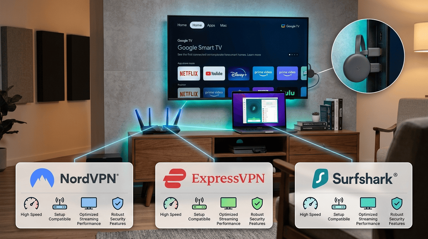 Chromecast device connected to a TV with a phone casting icon and a VPN shield overlay, illustrating protected casting setup