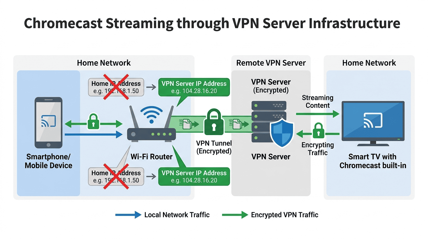 Diagram showing a Chromecast streaming through a VPN server, with home IP replaced by a remote server IP and encrypted traffic between phone, router, and TV