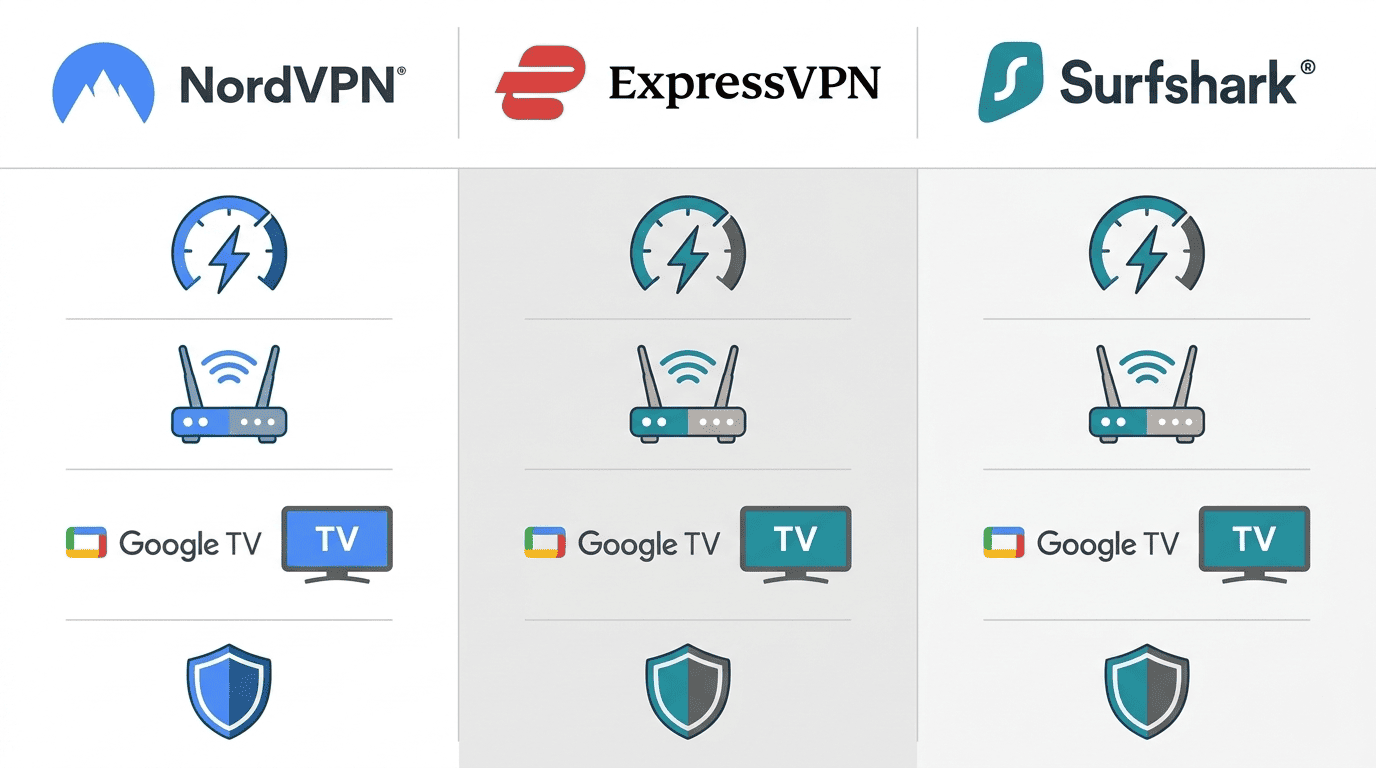 Comparison-style graphic of NordVPN, ExpressVPN, and Surfshark logos beside speed, router setup, and Google TV icons