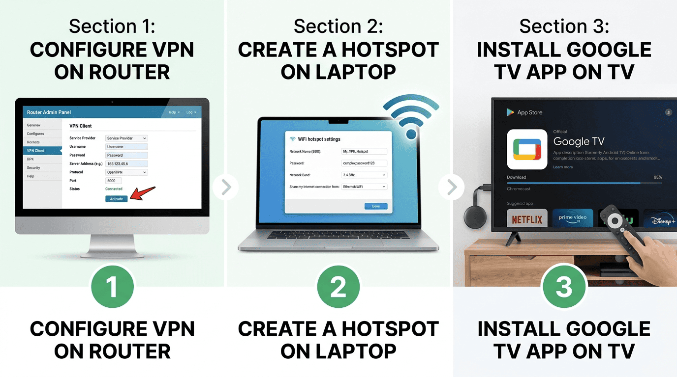 Step-by-step setup collage showing a router admin page, a laptop hotspot, and Chromecast with Google TV app installation