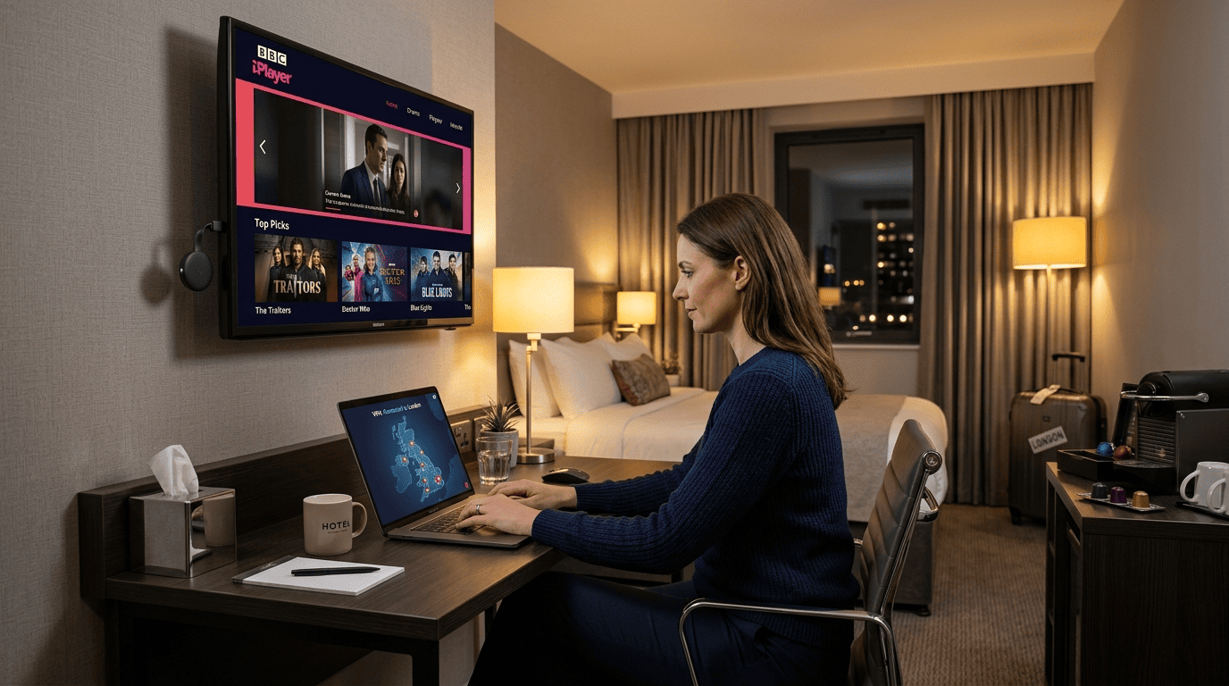 Laptop creating a mobile hotspot with VPN active, casting to Chromecast from a second device in a hotel room