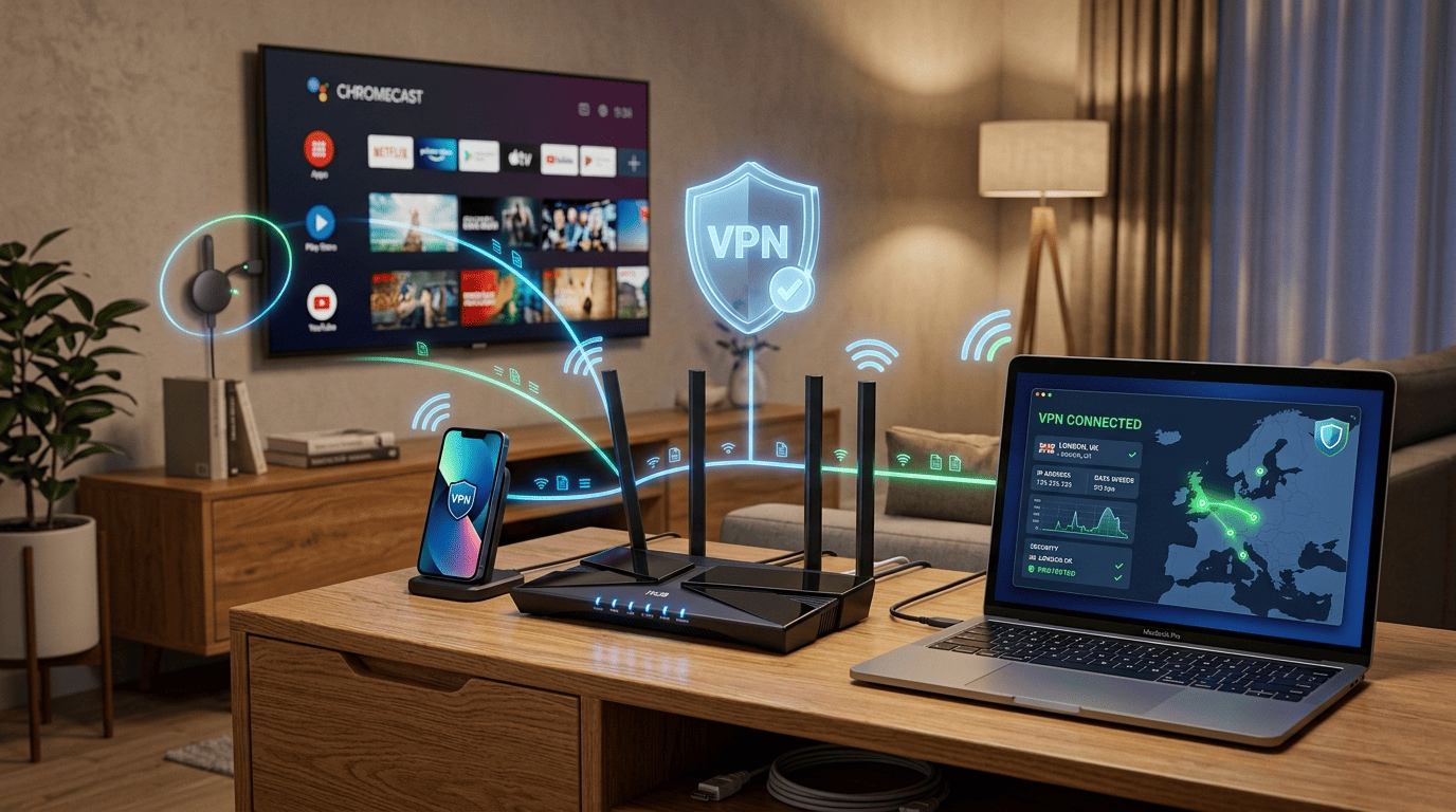 Home Wi-Fi router connected to a VPN dashboard on a laptop, with Chromecast and smart TV devices using the same protected network