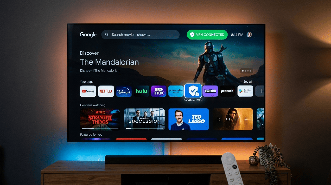 Chromecast with Google TV home screen showing a VPN app installed from the Play Store and a connected status badge