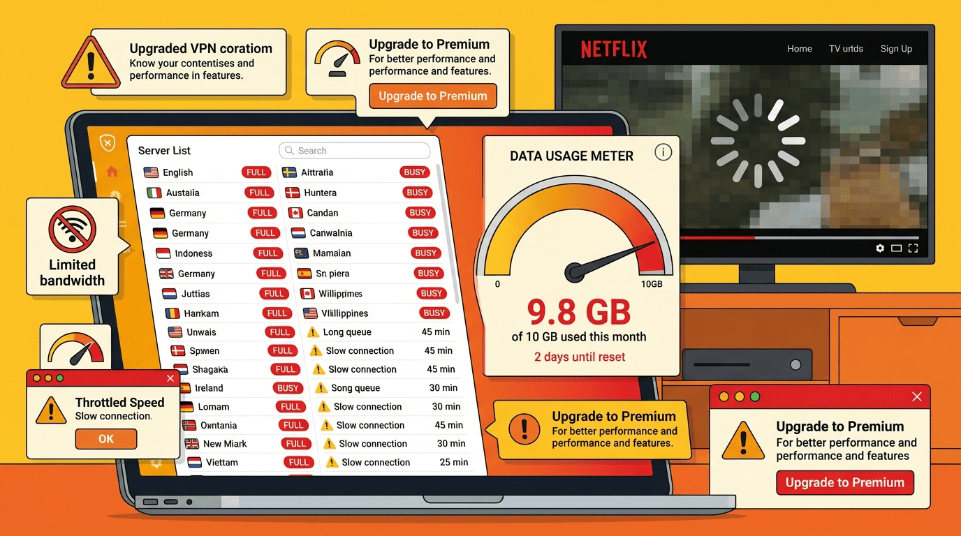 Free VPN warning concept with a crowded server list, buffering spinner on a TV, and a monthly data cap meter