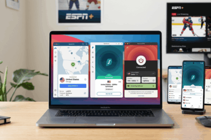 Comparison-style illustration of NordVPN, Surfshark, and ExpressVPN app interfaces on a laptop and phone, emphasizing US server selection for ESPN+ streaming