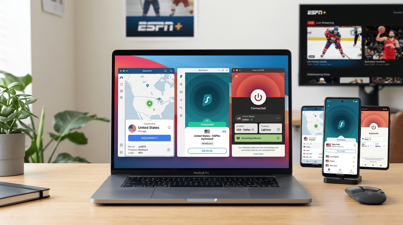 Comparison-style illustration of NordVPN, Surfshark, and ExpressVPN app interfaces on a laptop and phone, emphasizing US server selection for ESPN+ streaming