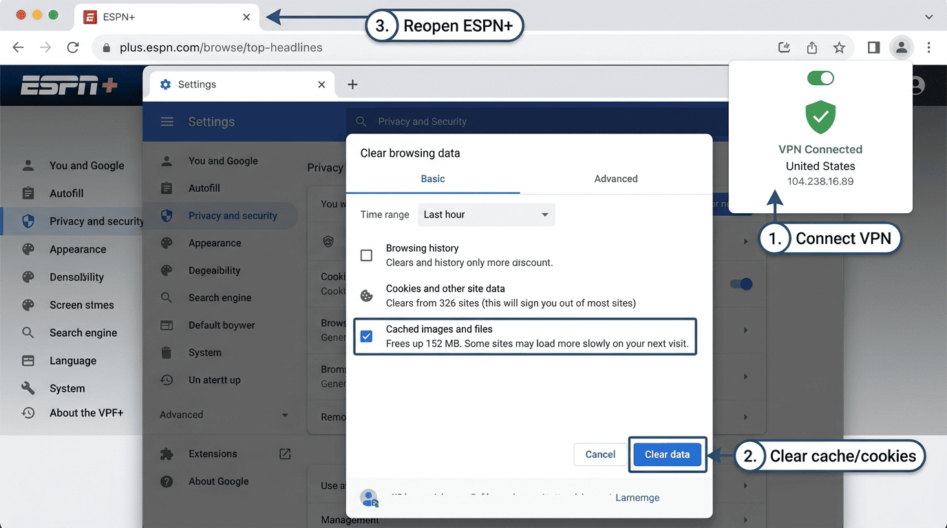 Browser settings screen showing cache and cookies being cleared before reopening the ESPN+ website while connected to a VPN