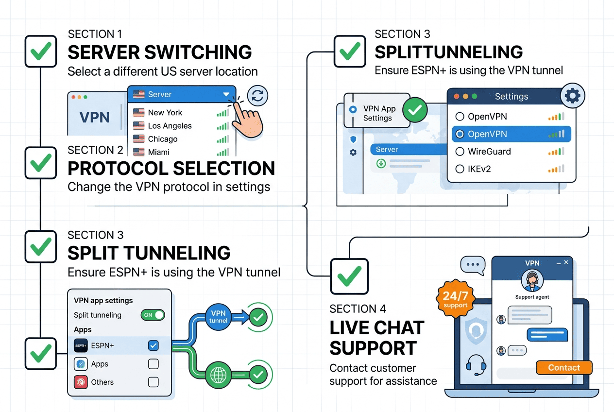Troubleshooting checklist graphic showing server switching, protocol selection, split tunneling, and contacting live chat support for ESPN+ access