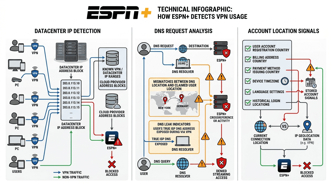 Diagram of ESPN+ detecting a VPN by comparing shared datacenter IPs, DNS requests, and account location signals