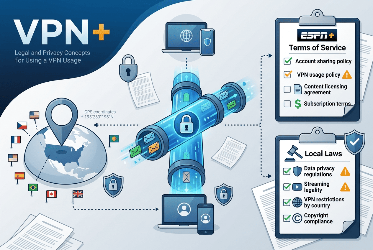 Legal and privacy concept illustration showing a VPN tunnel, a location pin, and a checklist for terms of service and local laws