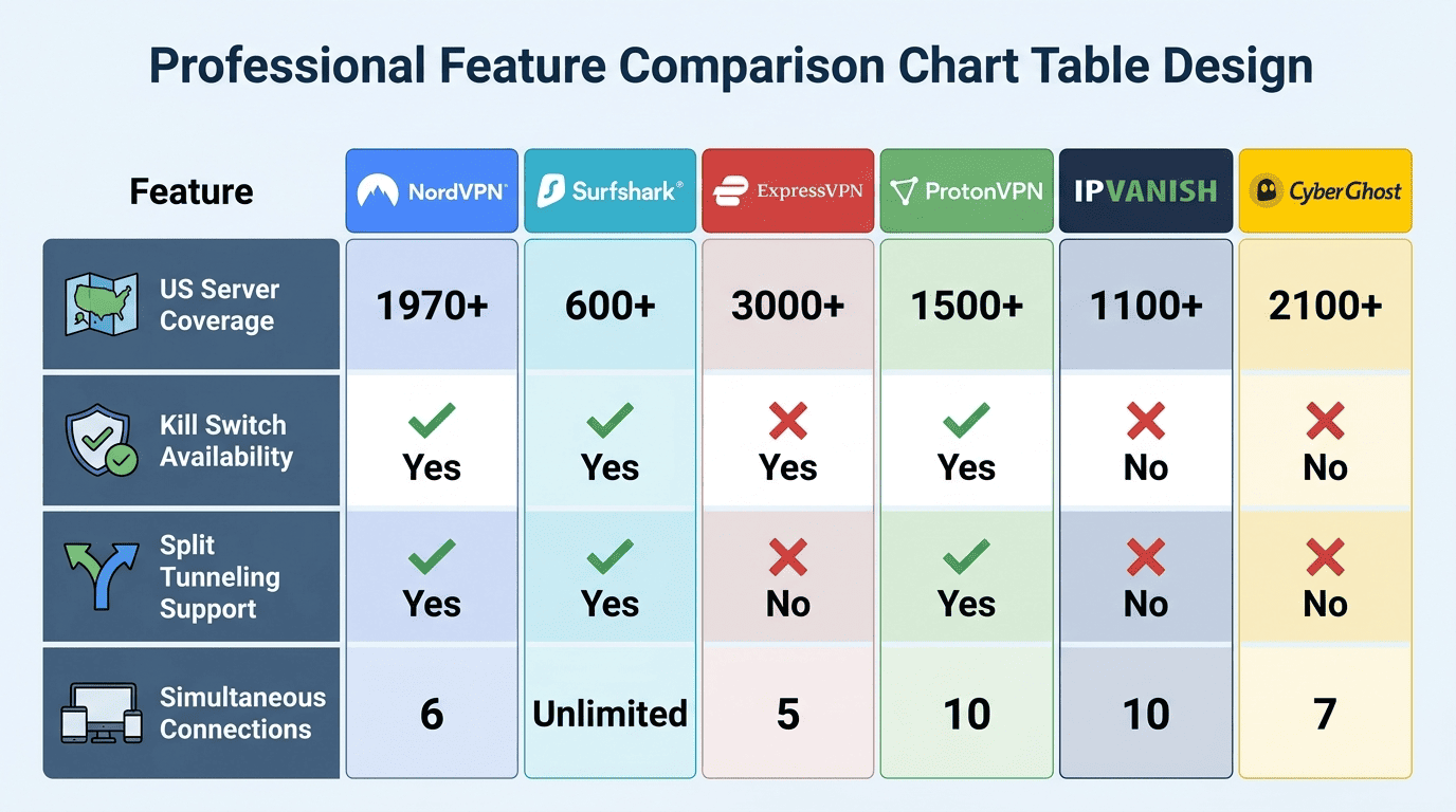 Side-by-side feature comparison chart for NordVPN, Surfshark, ExpressVPN, ProtonVPN, IPVanish, and CyberGhost showing US server coverage, kill switch, split tunneling, and simultaneous connections