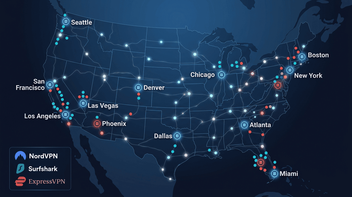 Map-style visualization of US server locations for NordVPN, Surfshark, and ExpressVPN with highlighted city endpoint options for quick switching