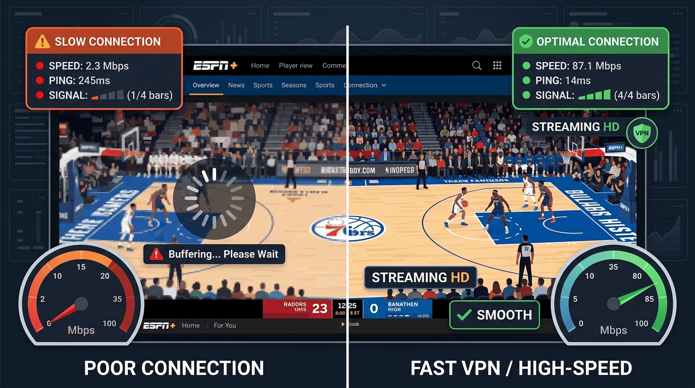 Split-screen illustration of an ESPN+ live game buffering on one side and a smooth HD stream on the other, with VPN speed and latency indicators overlaid