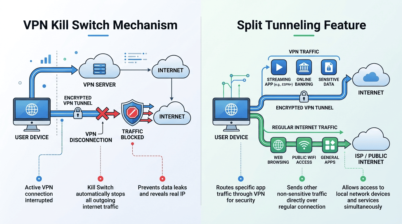 Diagram showing a VPN kill switch stopping traffic during a connection drop and split tunneling sending only ESPN+ through the tunnel