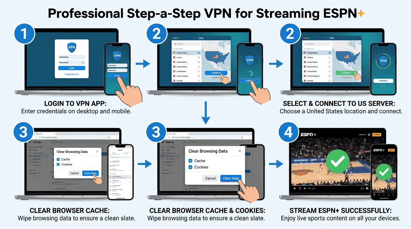 Step-by-step tutorial graphic showing VPN app login, US server connection, cache clearing, and ESPN+ playback on a laptop and phone