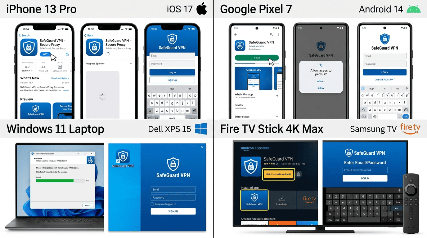 Screenshot of a VPN app installation flow on iPhone, Android, Windows, and Fire TV Stick, with the official app download and login screens visible