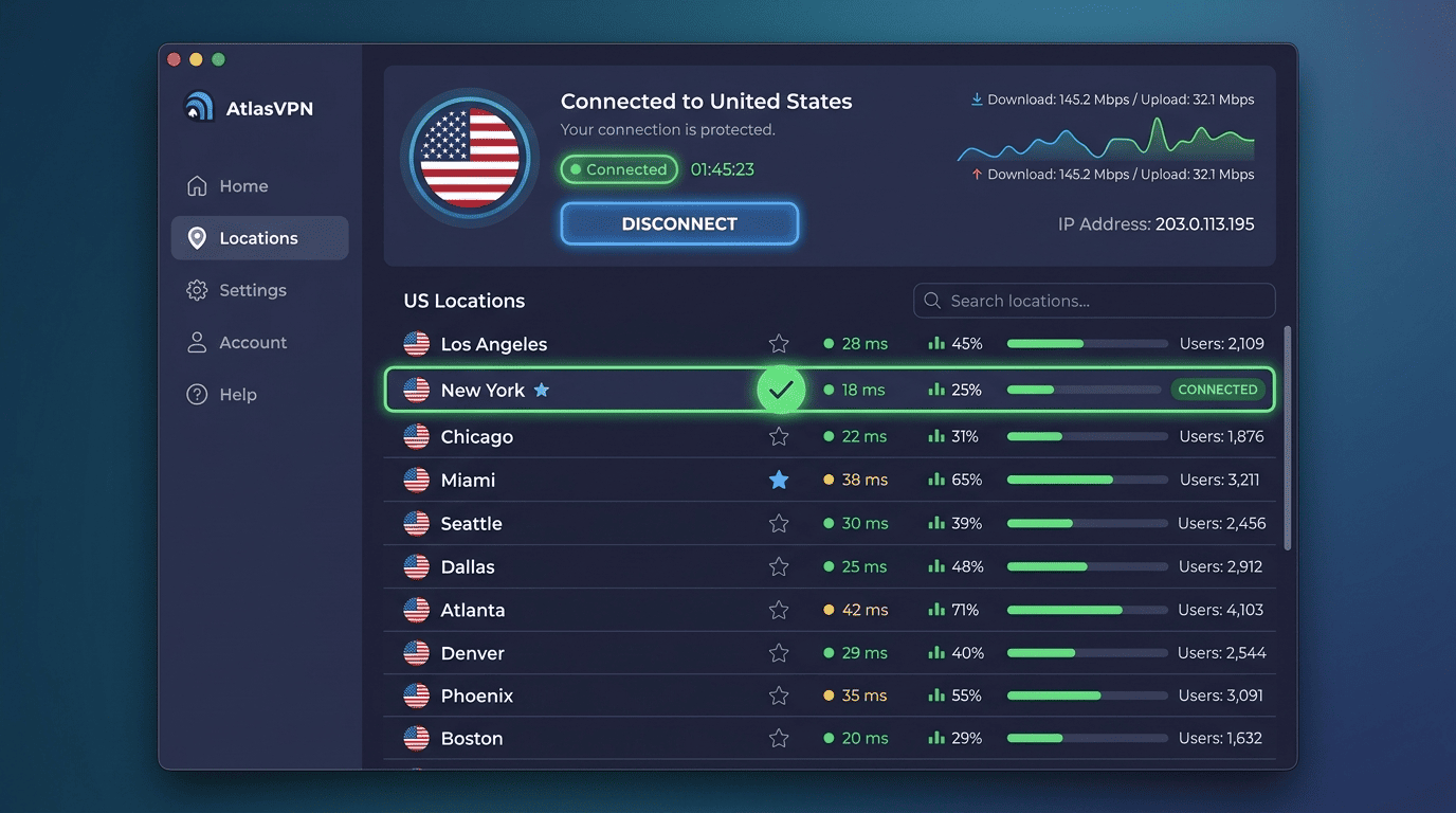 VPN app server list showing multiple US city options, with one server connected and a US flag/location indicator