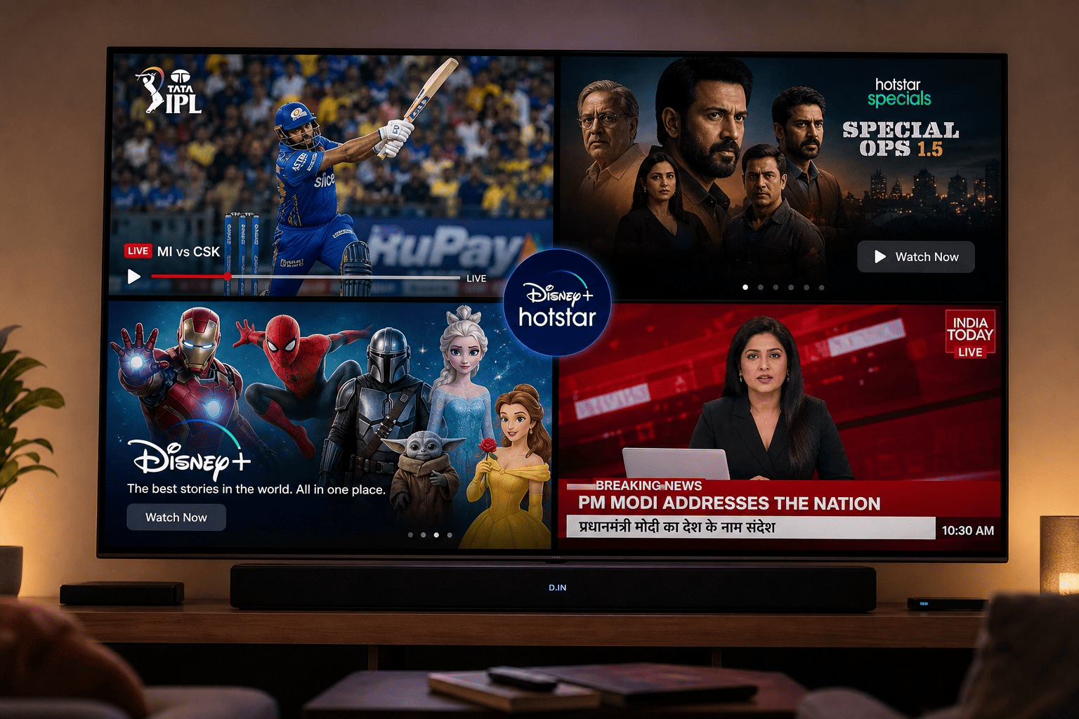 Streaming-focused collage of Hotstar sports, Disney+ Hotstar Originals, international Disney titles, and live Indian news on a TV screen