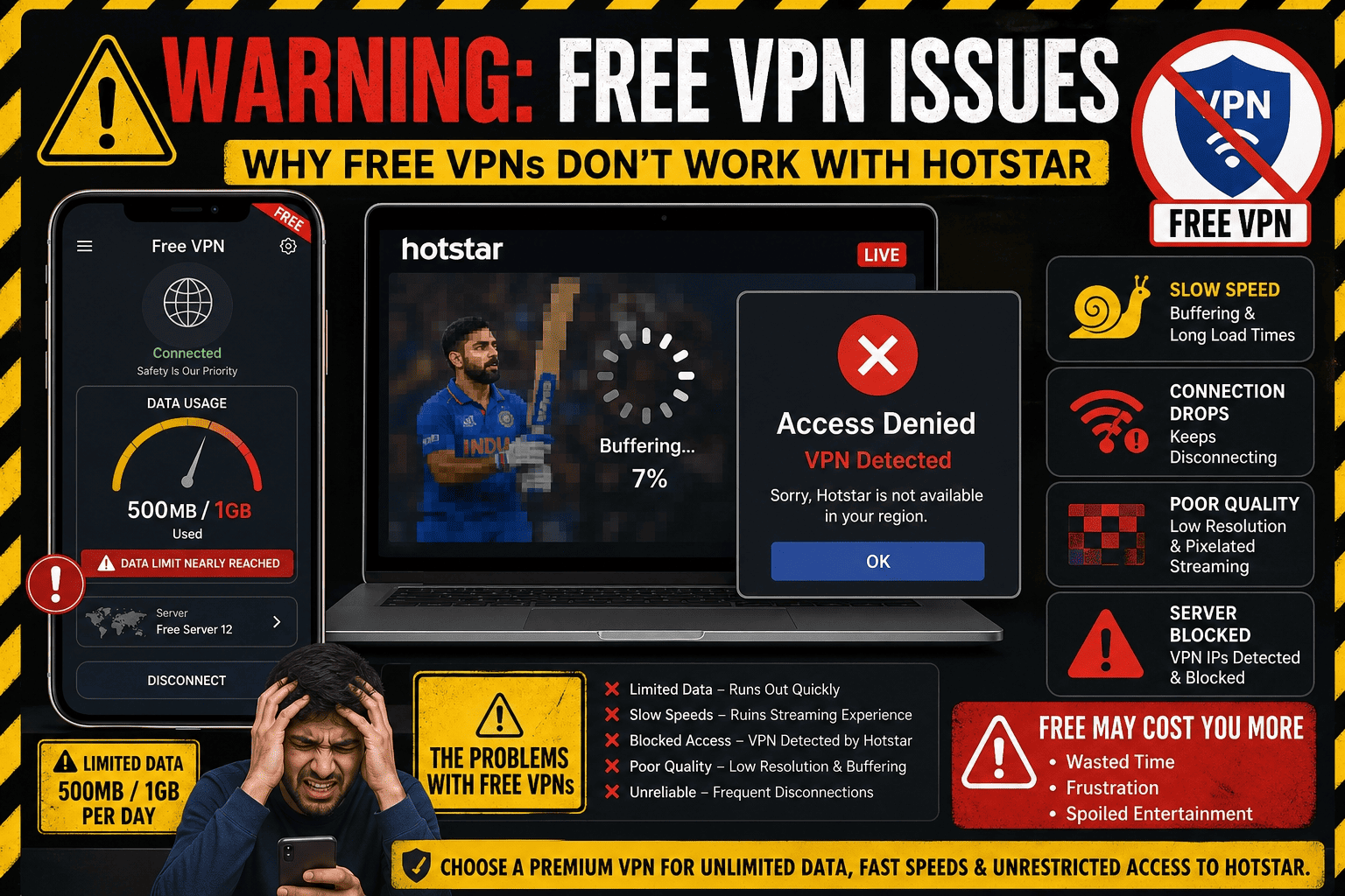 Warning-style illustration of a free VPN app with a data cap meter, slow buffering spinner, and blocked Hotstar access error