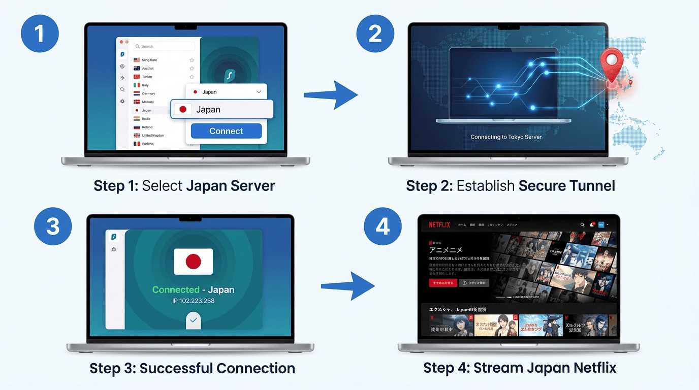 Step-by-step illustration of a user connecting to a Japan VPN server, then opening Netflix on a laptop to reach the Japanese catalog