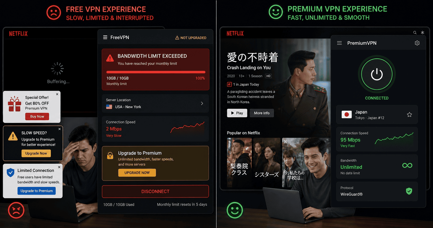 Split-screen comparison of a free VPN interface with bandwidth limits versus a premium VPN connected to a Japan server streaming Netflix smoothly
