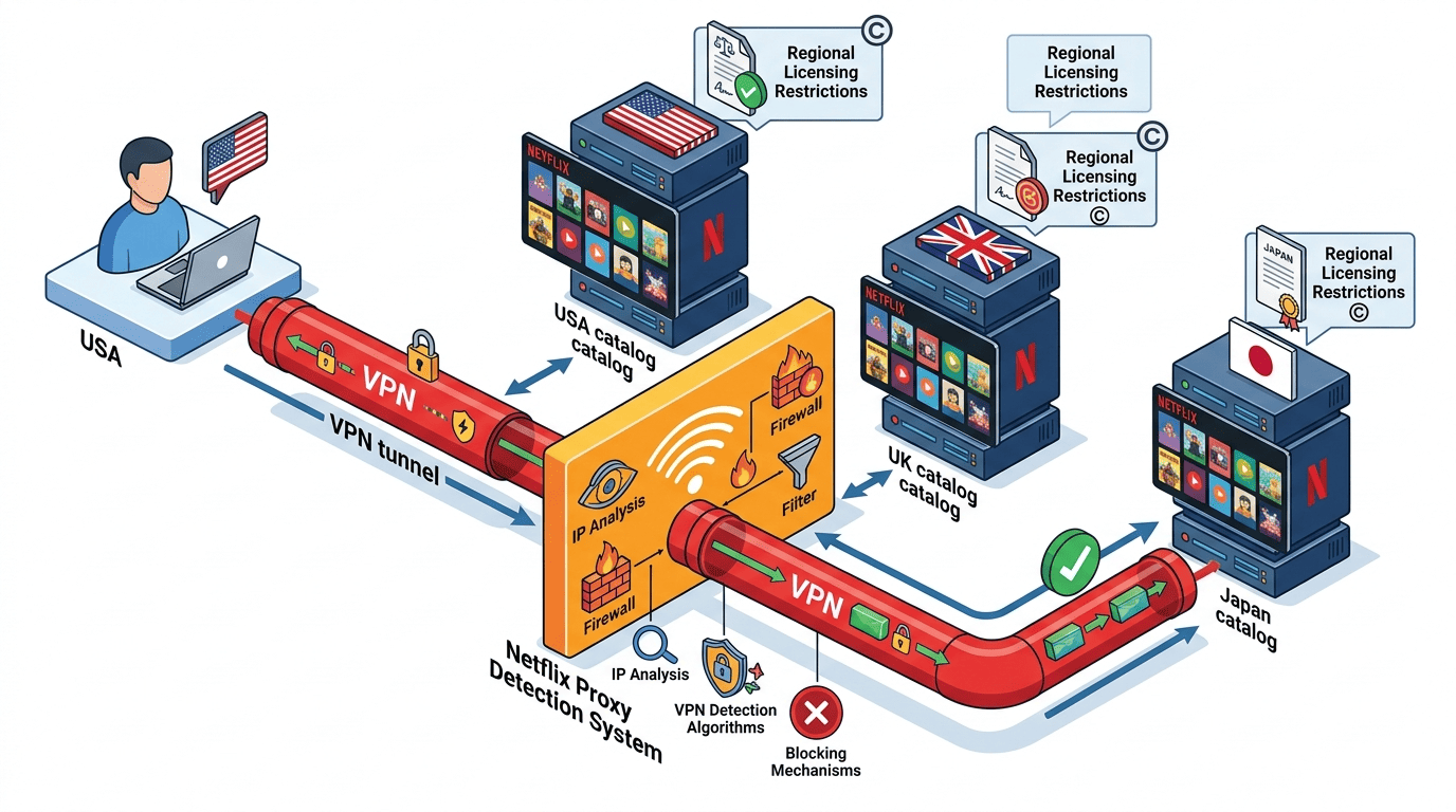 Diagram showing Netflix licensing by region with a VPN tunnel redirecting a user to the Japan catalog and proxy detection filters in between