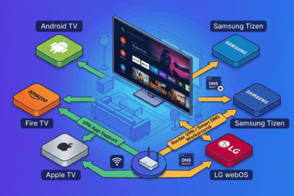 Living-room Smart TV connected to Android TV, Fire TV, Apple TV, Samsung Tizen, and LG webOS devices, with arrows showing VPN app support versus router/Smart DNS workarounds