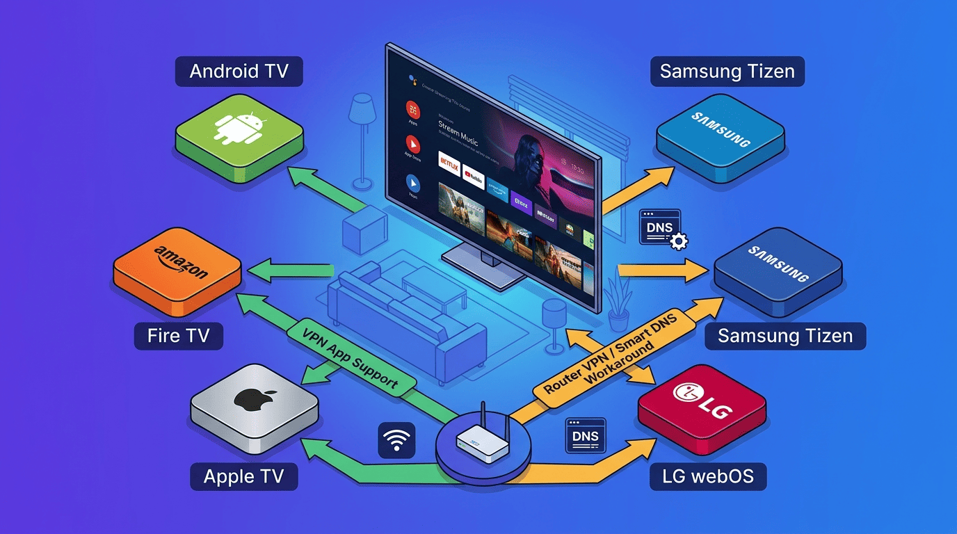 Living-room Smart TV connected to Android TV, Fire TV, Apple TV, Samsung Tizen, and LG webOS devices, with arrows showing VPN app support versus router/Smart DNS workarounds