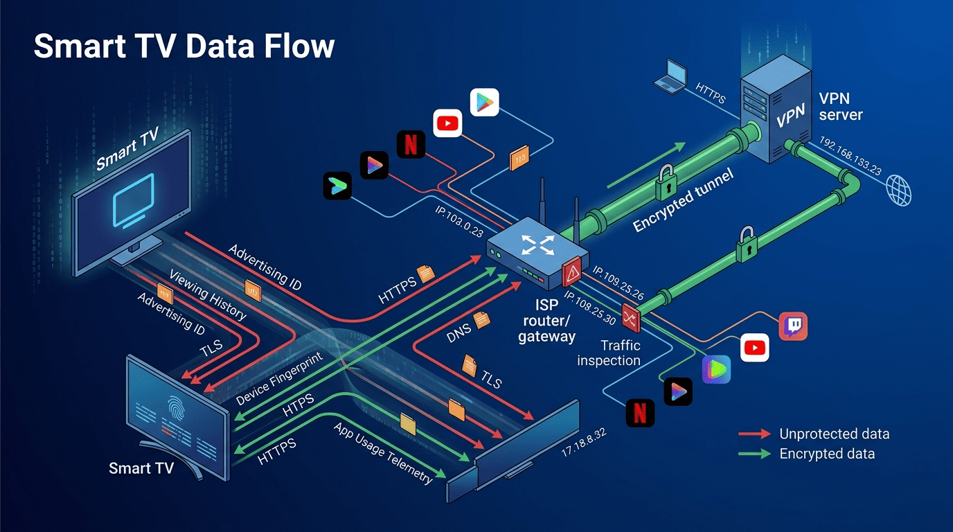 Smart TV telemetry and streaming data flow diagram showing advertising IDs, ISP traffic, and encrypted VPN tunnel protection