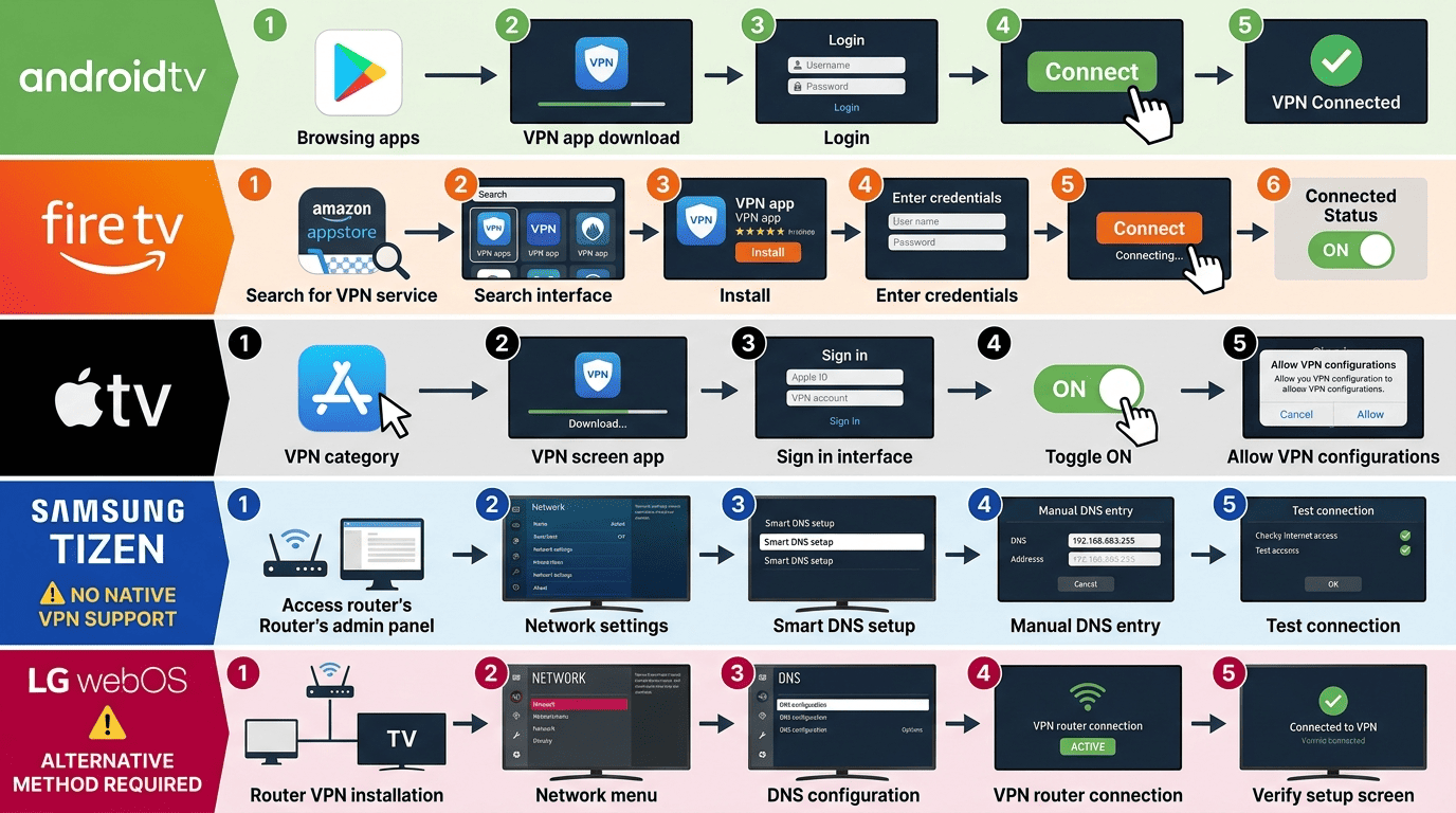 Step-by-step setup flow for Smart TV VPN installation across Android TV, Fire TV, Apple TV, Samsung Tizen, and LG webOS