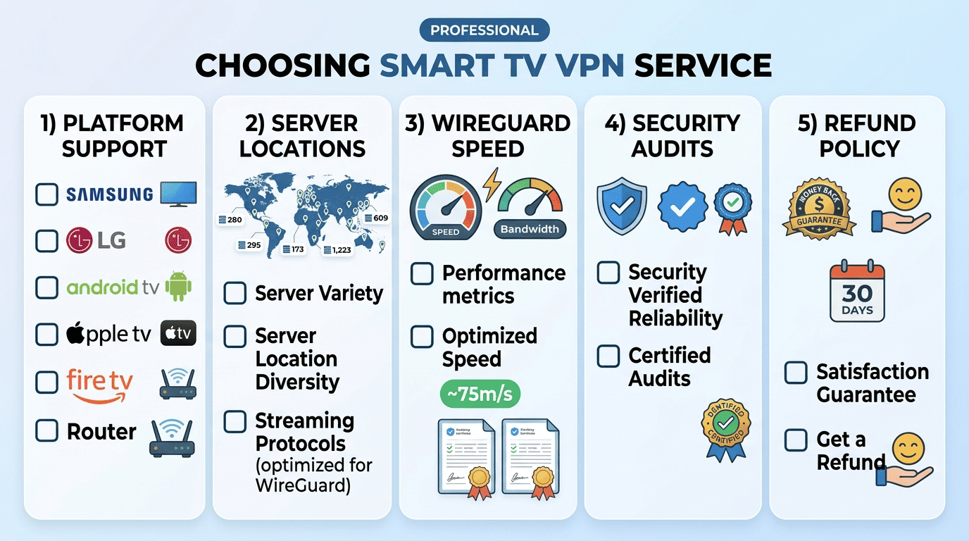 Checklist graphic for choosing a Smart TV VPN with icons for platform support, server locations, WireGuard speed, audits, and refund policy