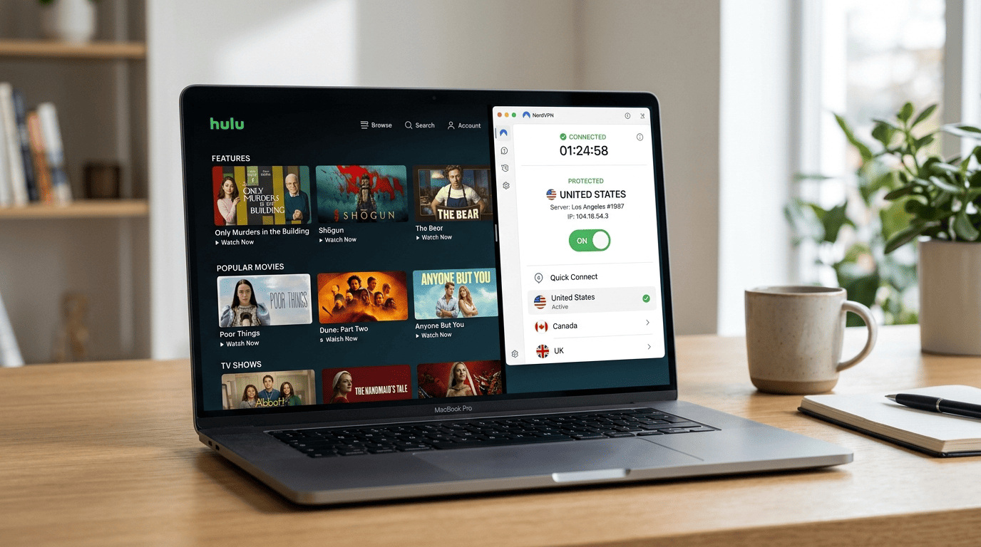Laptop browser showing the Hulu homepage with a VPN app open beside it, connected to a US server