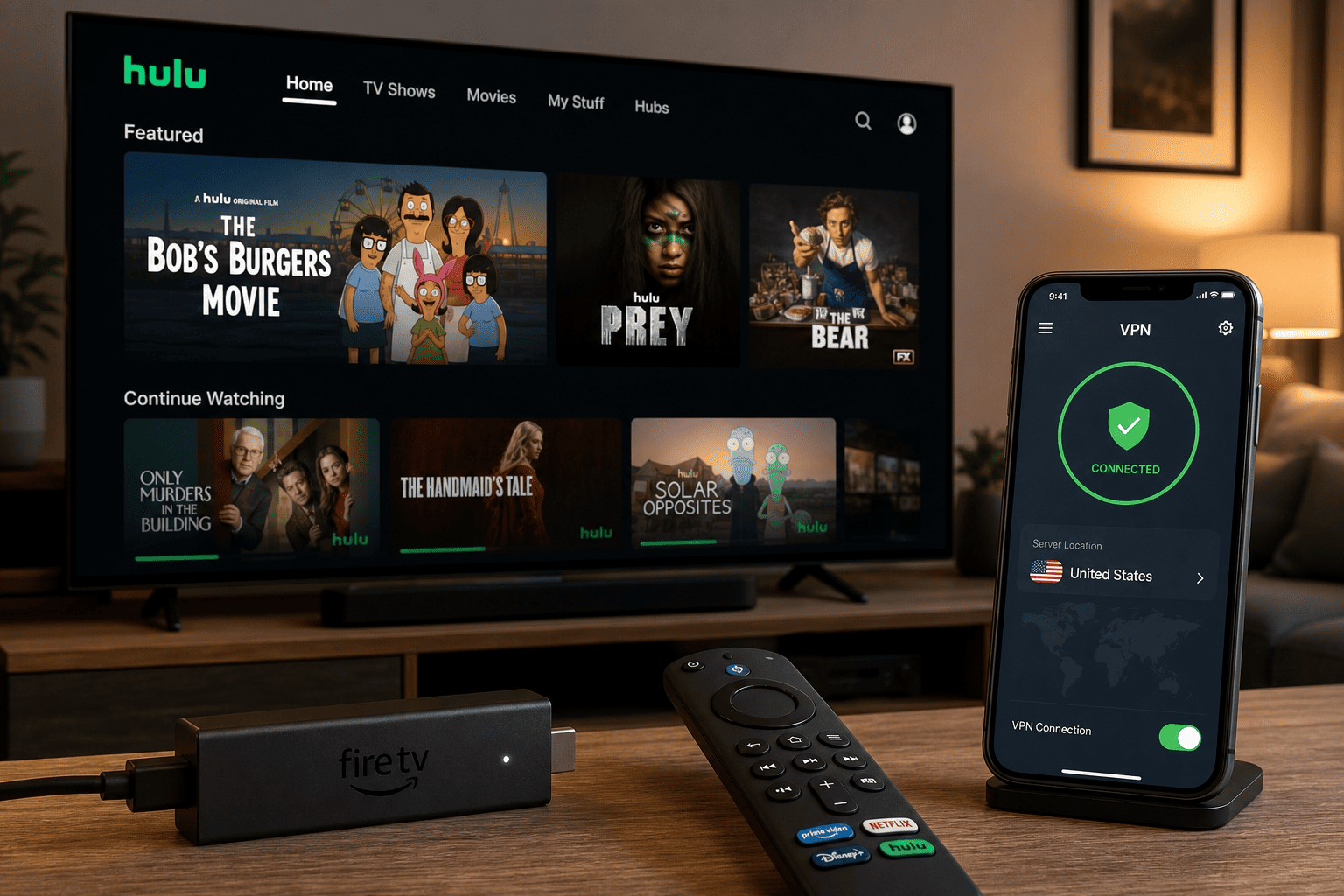 Hulu app running on a Fire TV Stick home screen next to a smartphone showing the VPN app, illustrating multi-device setup