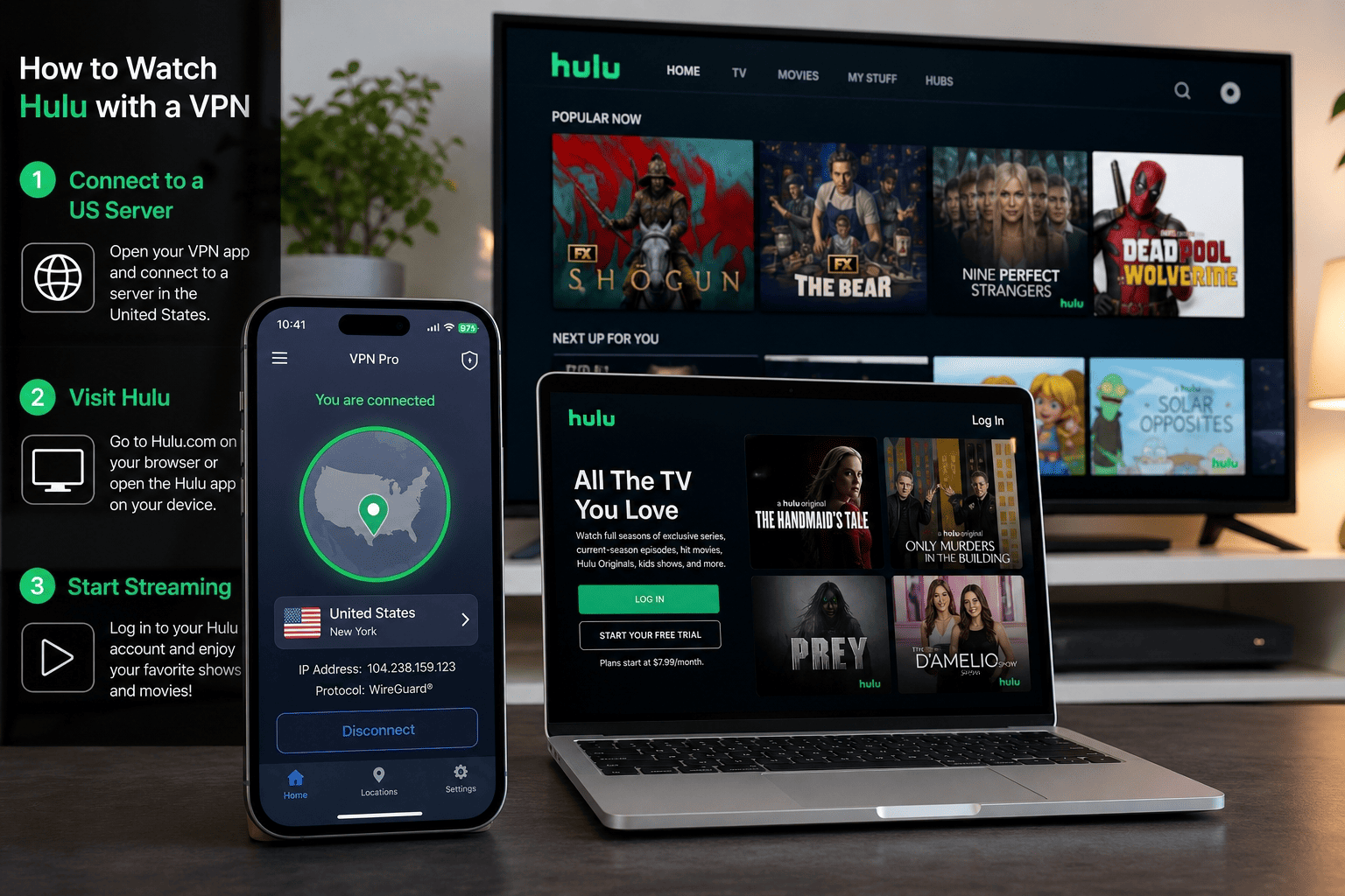 Step-by-step setup scene with a phone, laptop, and TV showing Hulu, plus a VPN app on the phone connected to a US location