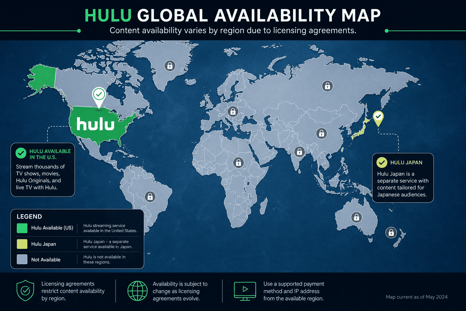 Map-style illustration of Hulu’s US-only availability, with licensed content regions shaded differently around the world