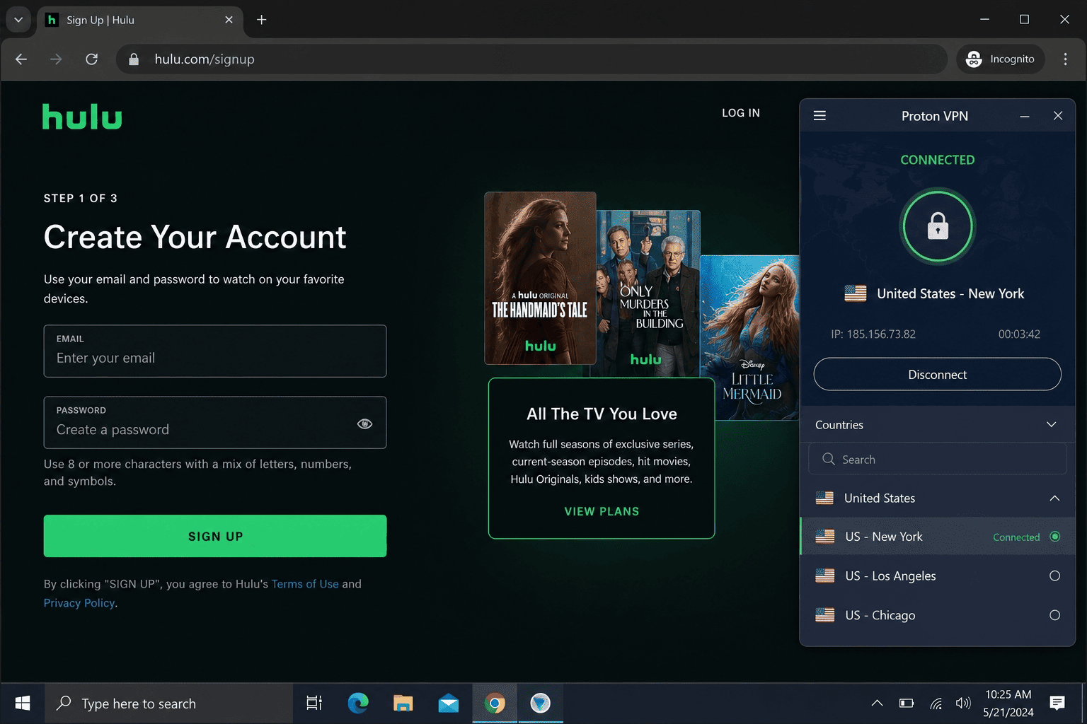 Browser signup page for Hulu opened in a private window with a VPN app showing a US server connection