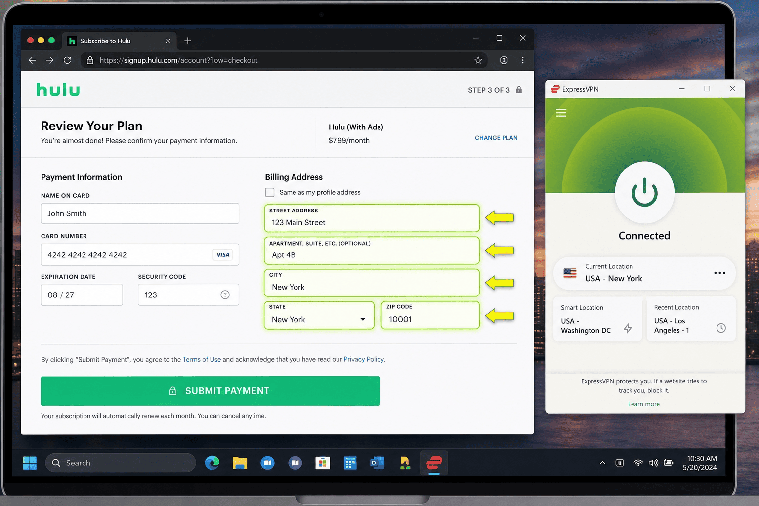 Credit card checkout form for Hulu with US billing address fields highlighted, plus a VPN connected in the background