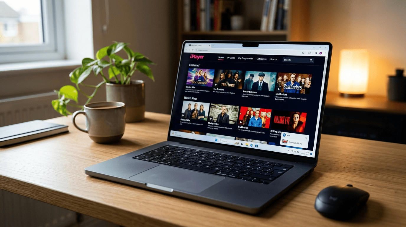 Laptop browser showing BBC iPlayer homepage with a UK VPN connection active in the system tray