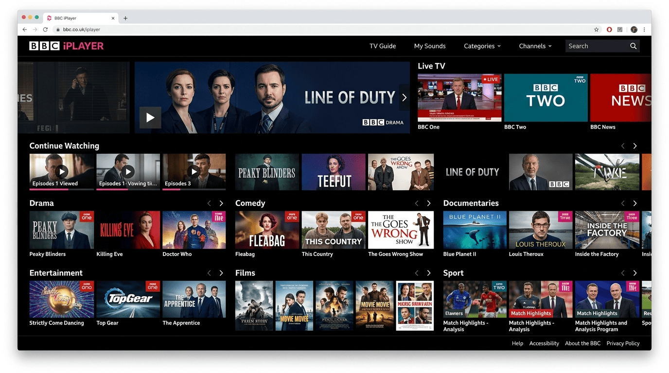 BBC iPlayer homepage on desktop showing live BBC One, BBC News, and on-demand category tiles