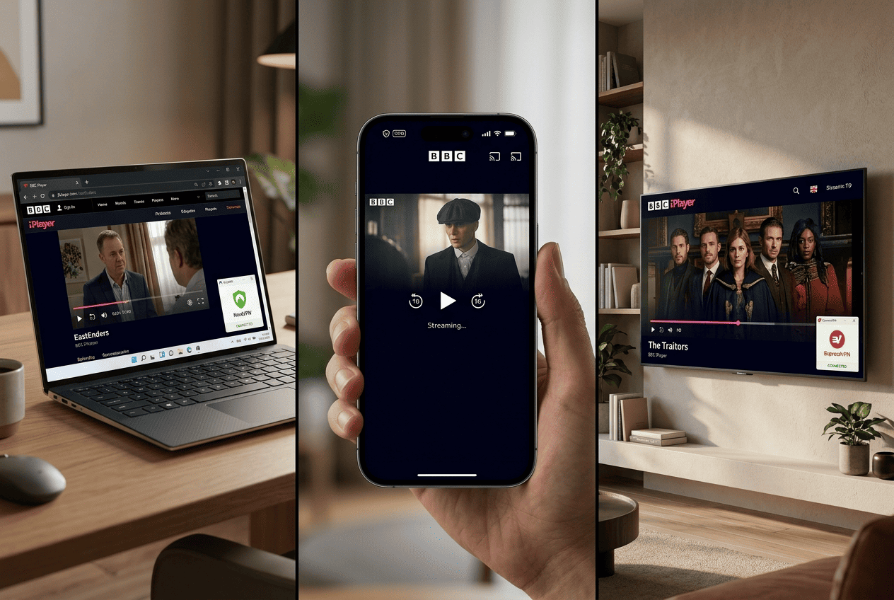 Split-screen showing BBC iPlayer running on a Windows laptop, iPhone, and smart TV with VPN app icons
