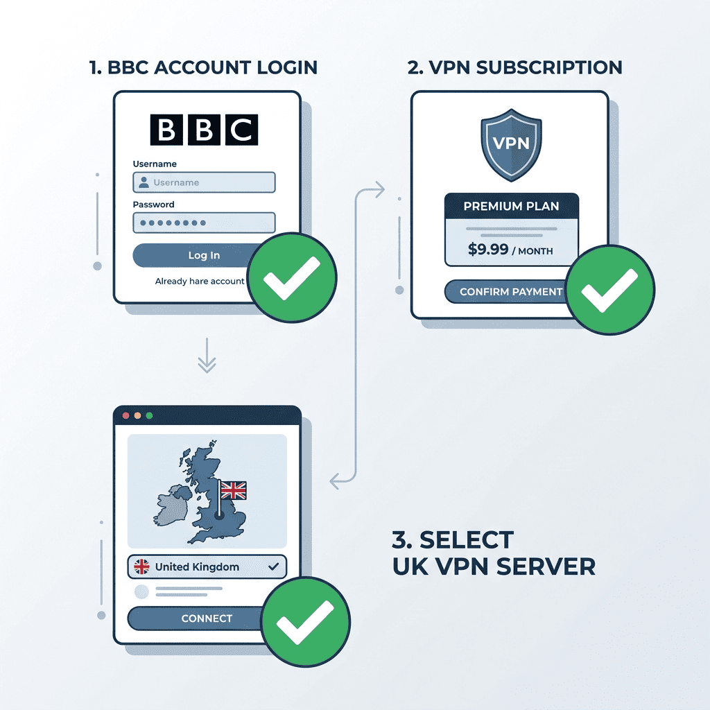 Checklist-style illustration showing a BBC account login, a paid VPN subscription, and a UK server selection screen
