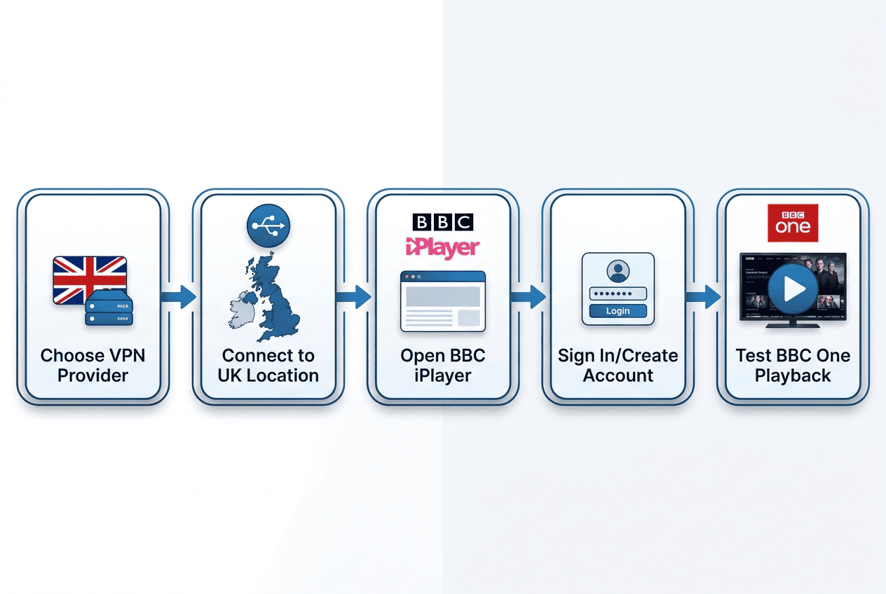 Step-by-step flow diagram: choose VPN with UK servers, connect to UK location, open BBC iPlayer, sign in, and test BBC One playback