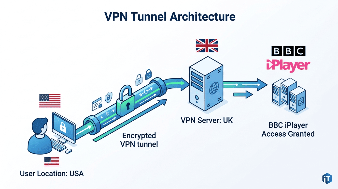 Diagram of a VPN tunnel routing a US user’s traffic through a UK server to BBC iPlayer