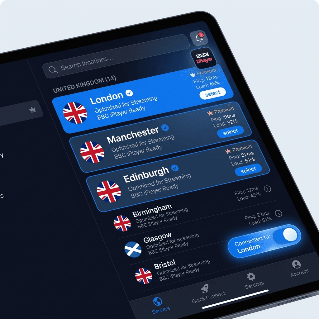 VPN app server list highlighting multiple UK locations such as London, Manchester, and Edinburgh for BBC iPlayer access