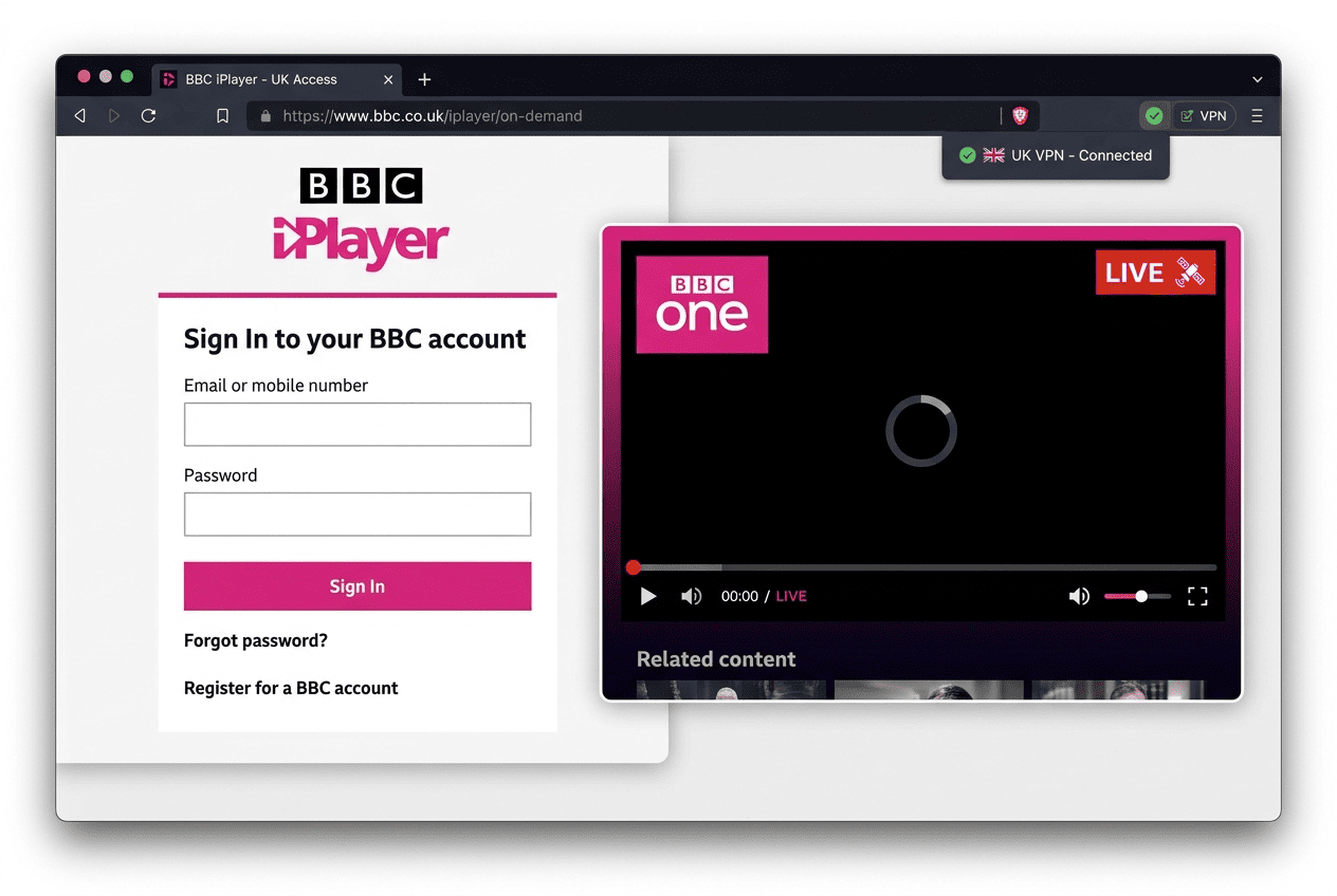 BBC iPlayer sign-in page followed by a BBC One live stream player loading after a UK VPN connection