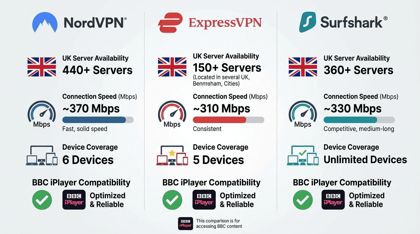 Comparison graphic of NordVPN, ExpressVPN, and Surfshark showing UK server access, speed, and device coverage for BBC iPlayer